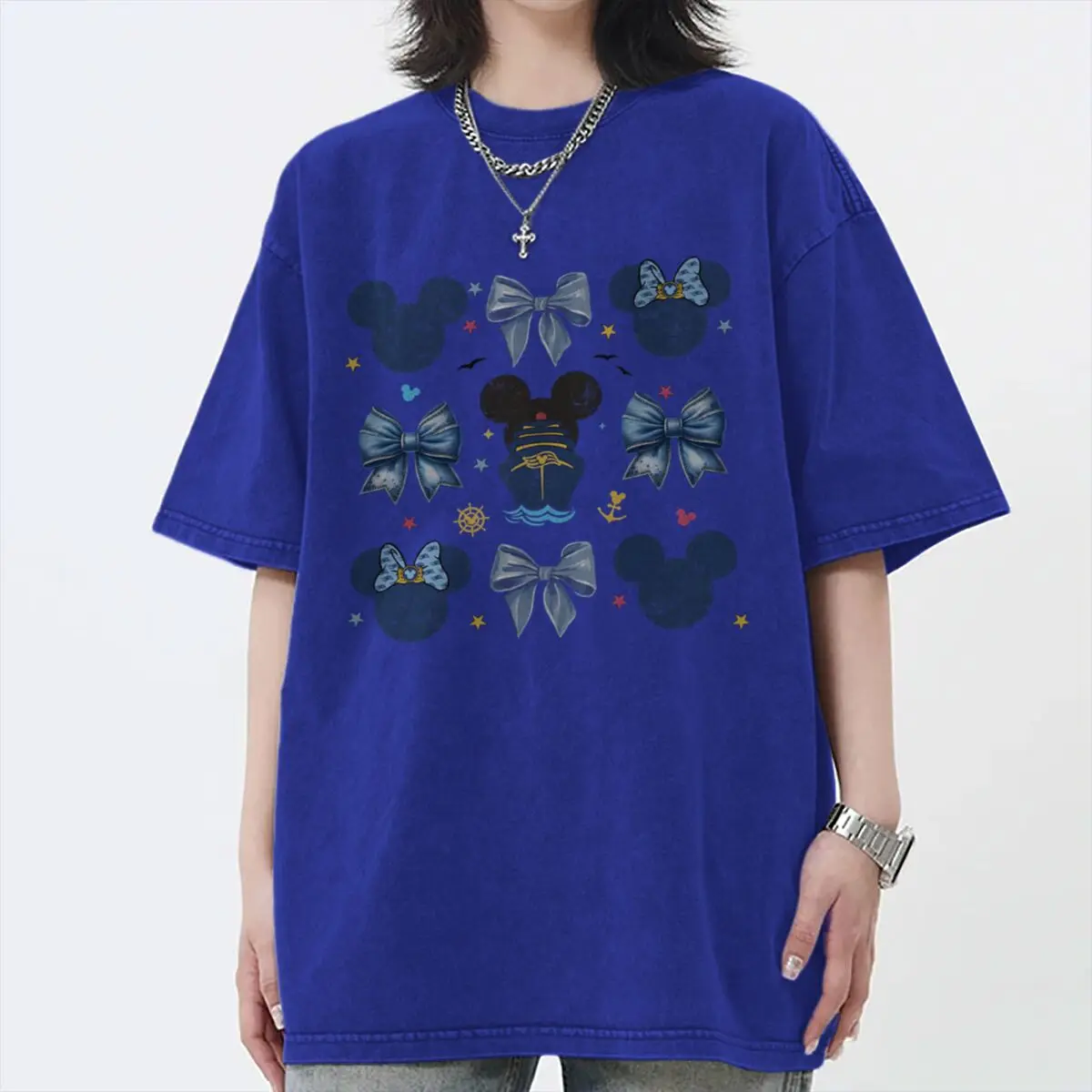 Men's Women's Clothing Vintage Washed Mickey Minnie Mouse T-Shirt Girl Boy Mickey Ear & Castle Graphic Oversized Casual Tee