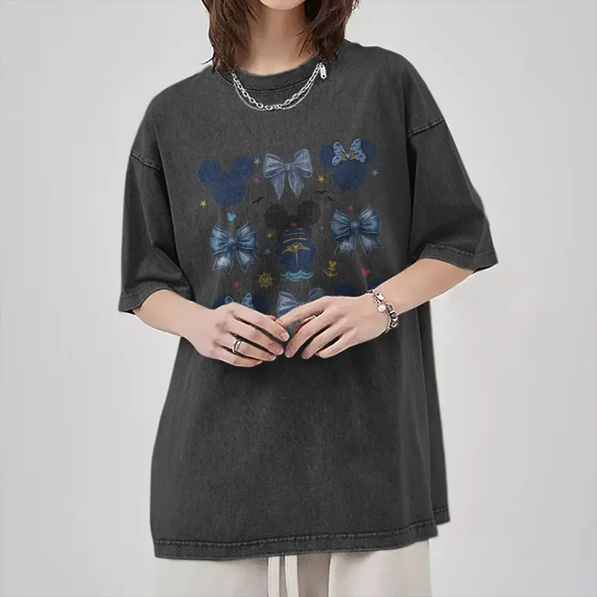 Men's Women's Clothing Vintage Washed Mickey Minnie Mouse T-Shirt Girl Boy Mickey Ear & Castle Graphic Oversized Casual Tee