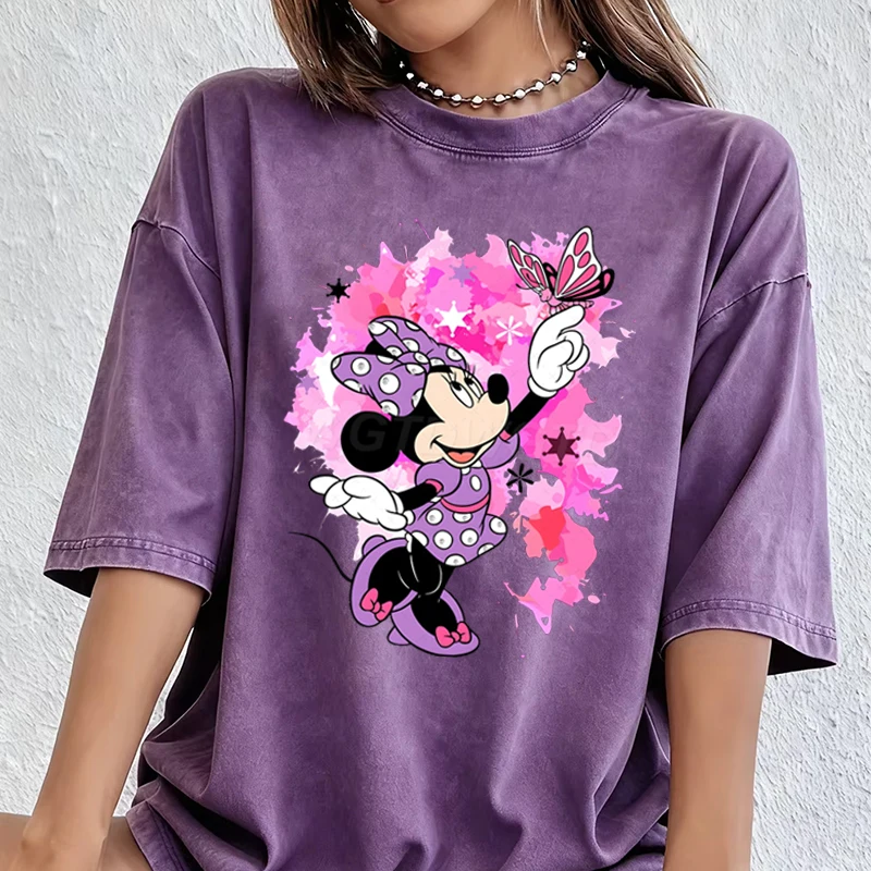 Women's Clothing Minnie Mouse Butterfly Graphic Tee Vintage Washed Oversized Casual Wear Girls Minnie Mouse Watercolor T-Shirt