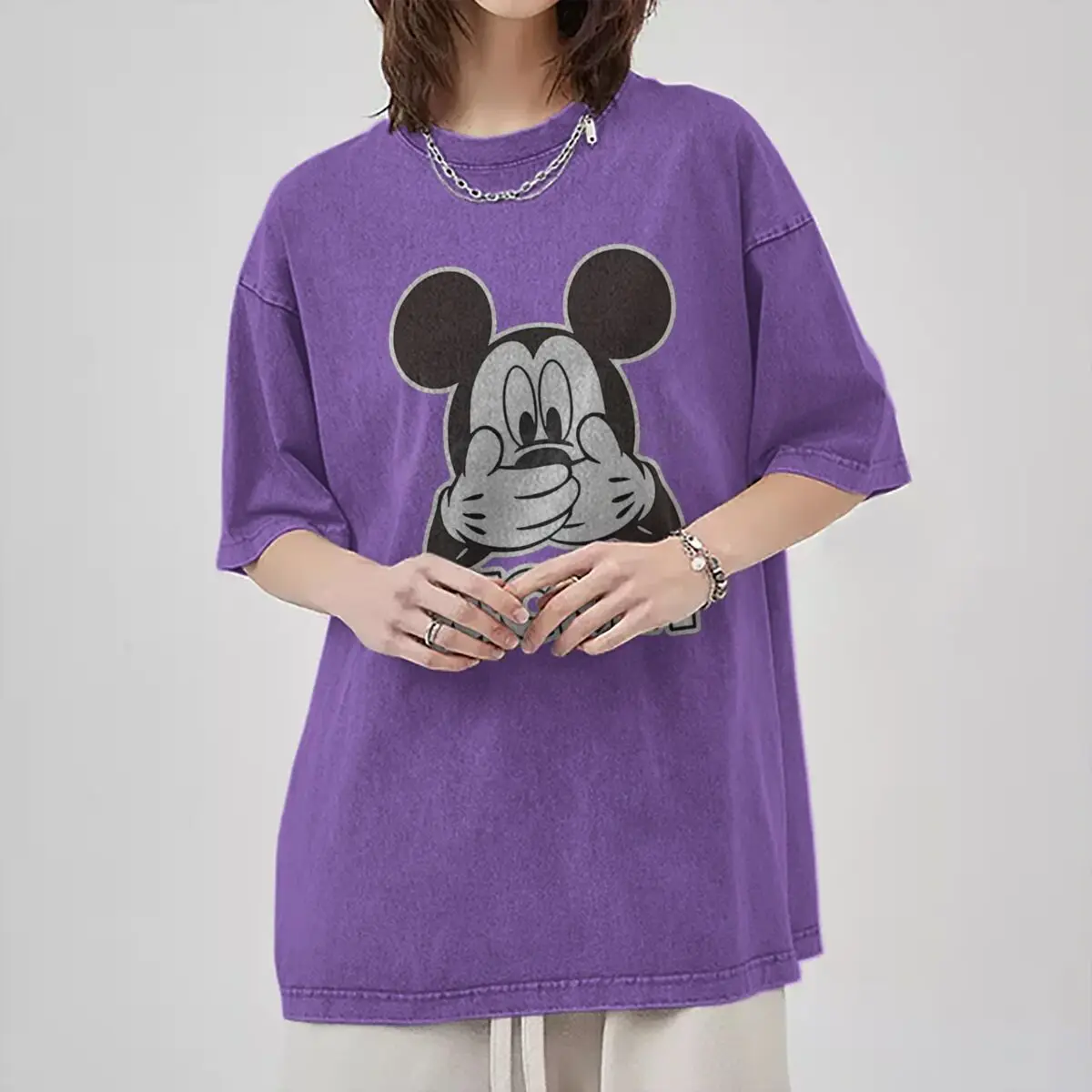 Men's Women's Clothing Funny Mickey Mouse Vintage Washed Oversized Tee Couples Matching Mickey Mouse Graphic Casual T-shirt