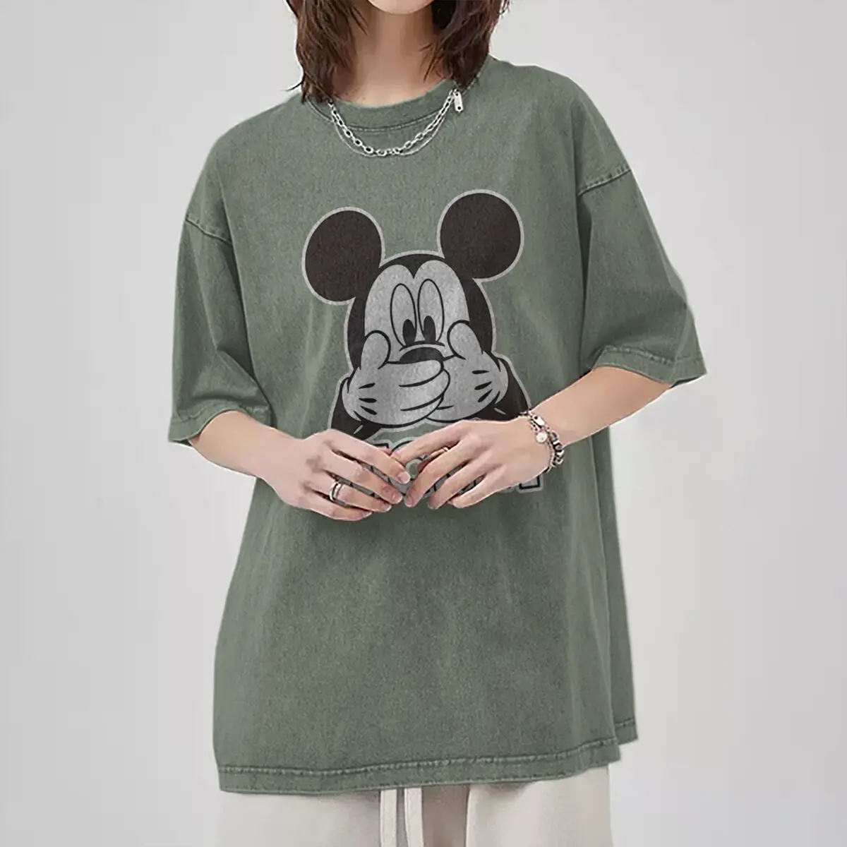 Men's Women's Clothing Funny Mickey Mouse Vintage Washed Oversized Tee Couples Matching Mickey Mouse Graphic Casual T-shirt