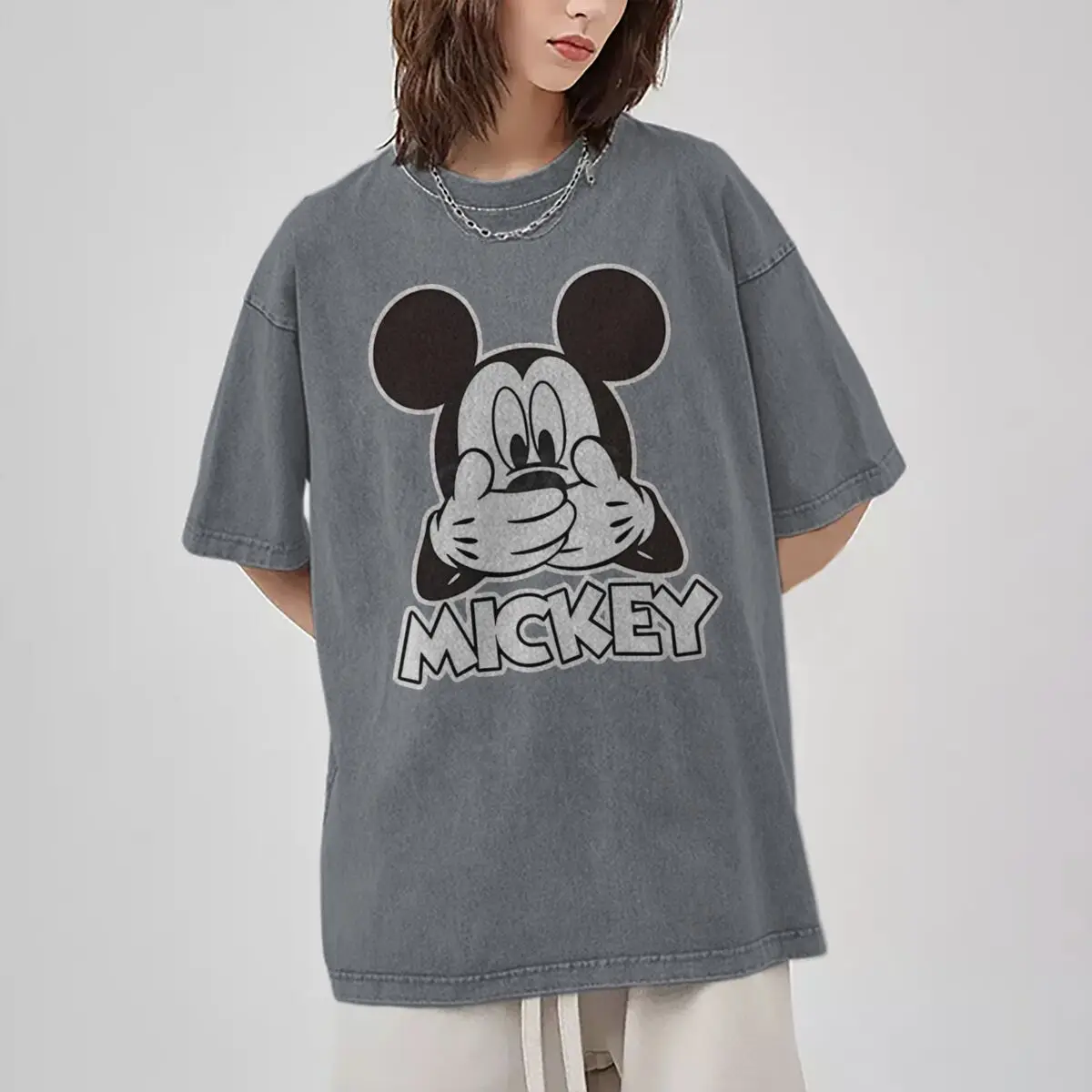 Men's Women's Clothing Funny Mickey Mouse Vintage Washed Oversized Tee Couples Matching Mickey Mouse Graphic Casual T-shirt