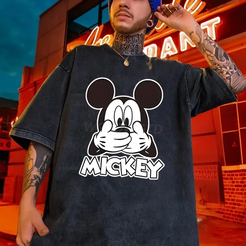 Men's Women's Clothing Funny Mickey Mouse Vintage Washed Oversized Tee Couples Matching Mickey Mouse Graphic Casual T-shirt