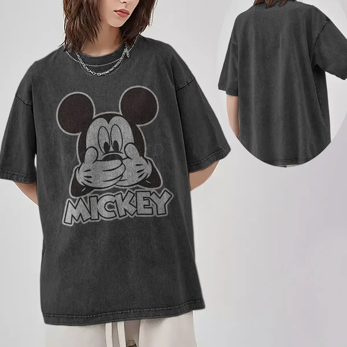 Men's Women's Clothing Funny Mickey Mouse Vintage Washed Oversized Tee Couples Matching Mickey Mouse Graphic Casual T-shirt