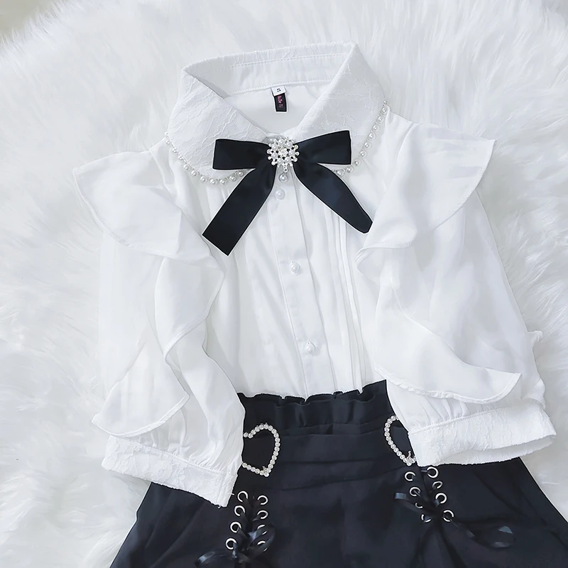 Kawaii Women Shirts Jirai Kei Lolita Y2K Cute Japanese Style Blouse Elegant Long Sleeve Sweet Tops Casual Aesthetic Shirt 2024