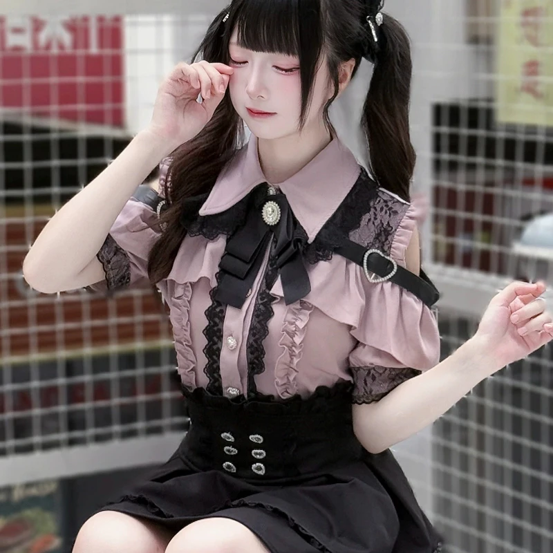 Kawaii Women Shirts Jirai Kei Lolita Y2K Cute Japanese Style Blouse Elegant Long Sleeve Sweet Tops Casual Aesthetic Shirt 2024