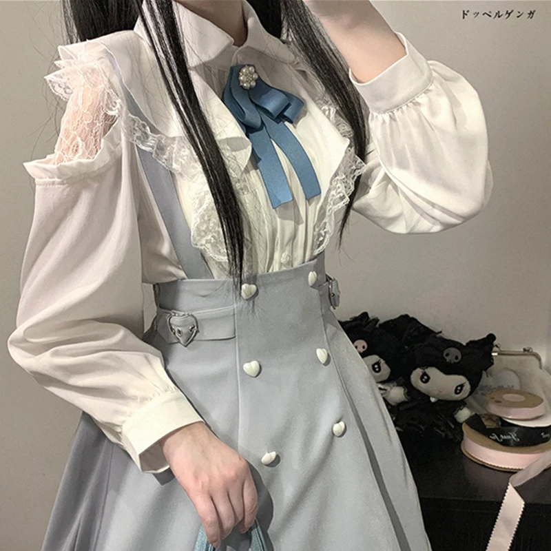 Kawaii Women Shirts Jirai Kei Lolita Y2K Cute Japanese Style Blouse Elegant Long Sleeve Sweet Tops Casual Aesthetic Shirt 2024