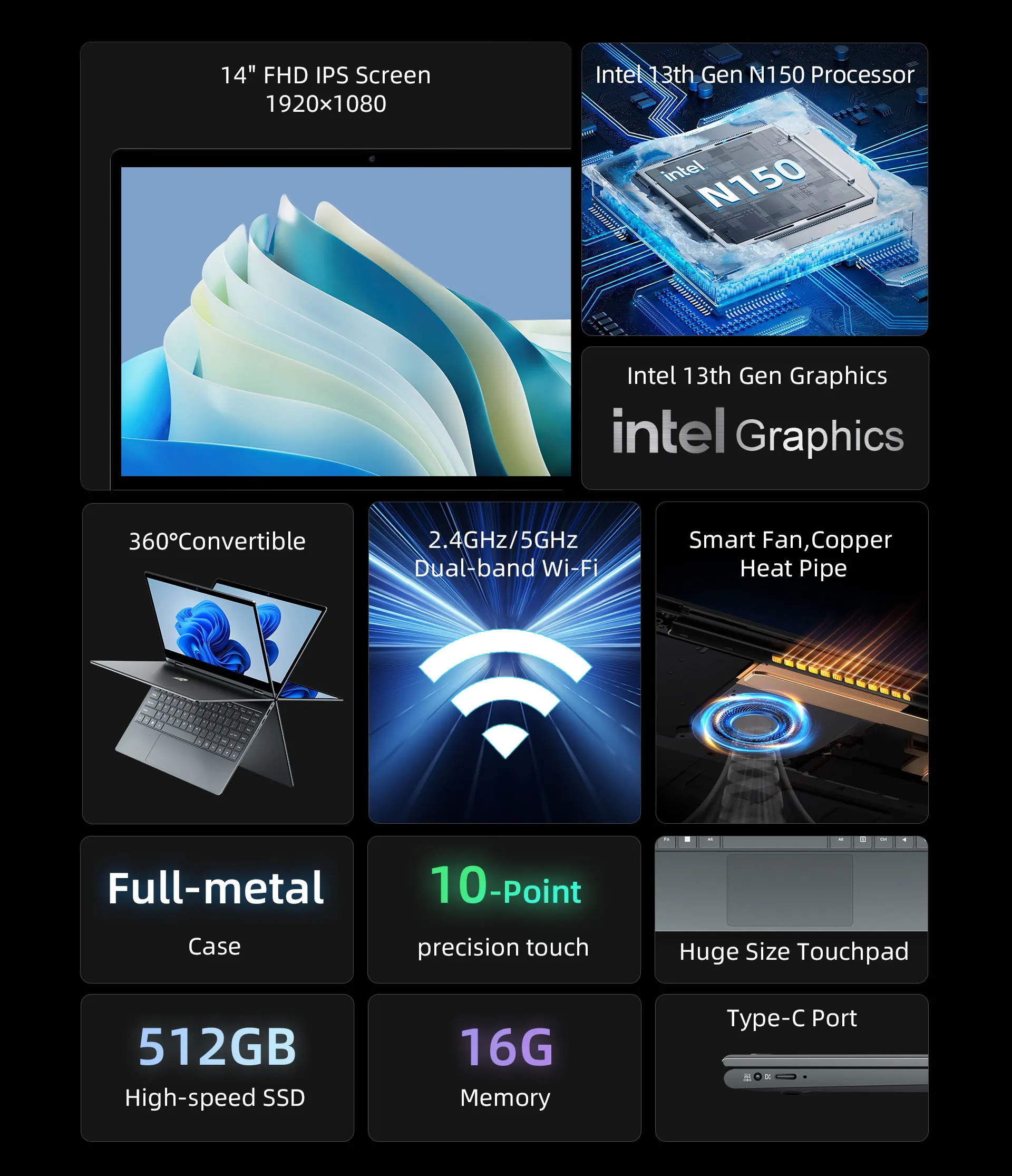 BMAX Y14 Plus Laptop 14 inch Notebook Windows 11 16GB RAM 512GB SSD 1920*1080 IPS Intel N150 laptops Computer