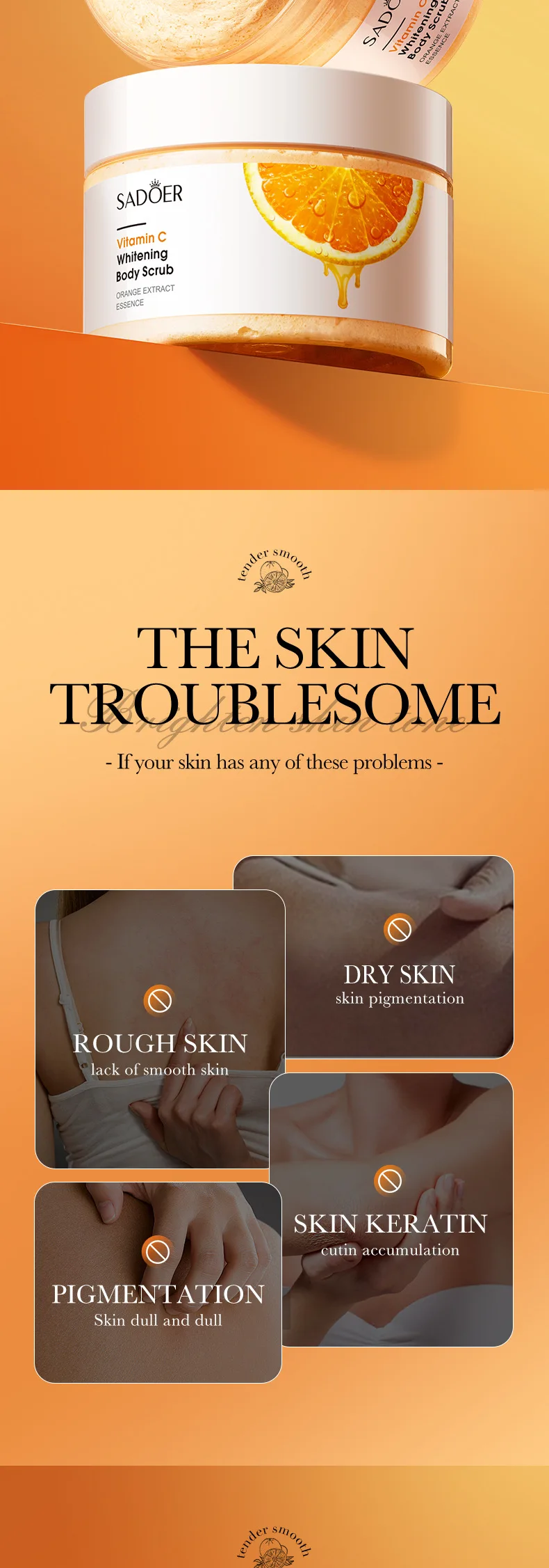 SADOER Vitamin C Body Scrub Whitening Moisturizing Exfoliating Cream Body Arm Leg Back Scrub Exfoliator Body Lotion Skin Care