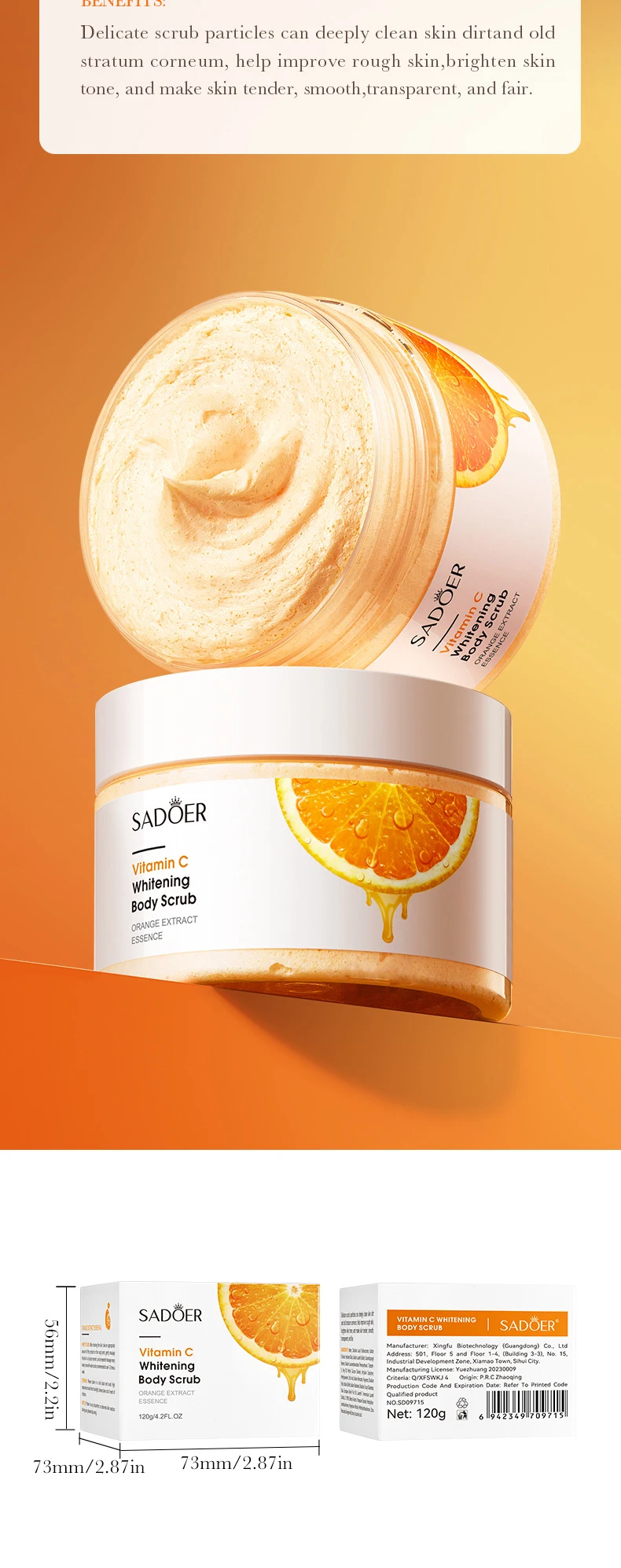 SADOER Vitamin C Body Scrub Whitening Moisturizing Exfoliating Cream Body Arm Leg Back Scrub Exfoliator Body Lotion Skin Care