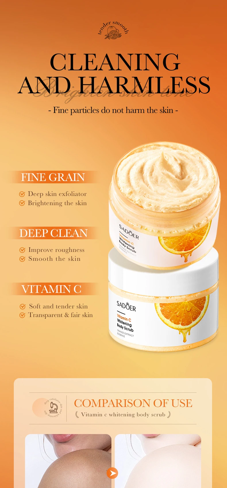 SADOER Vitamin C Body Scrub Whitening Moisturizing Exfoliating Cream Body Arm Leg Back Scrub Exfoliator Body Lotion Skin Care