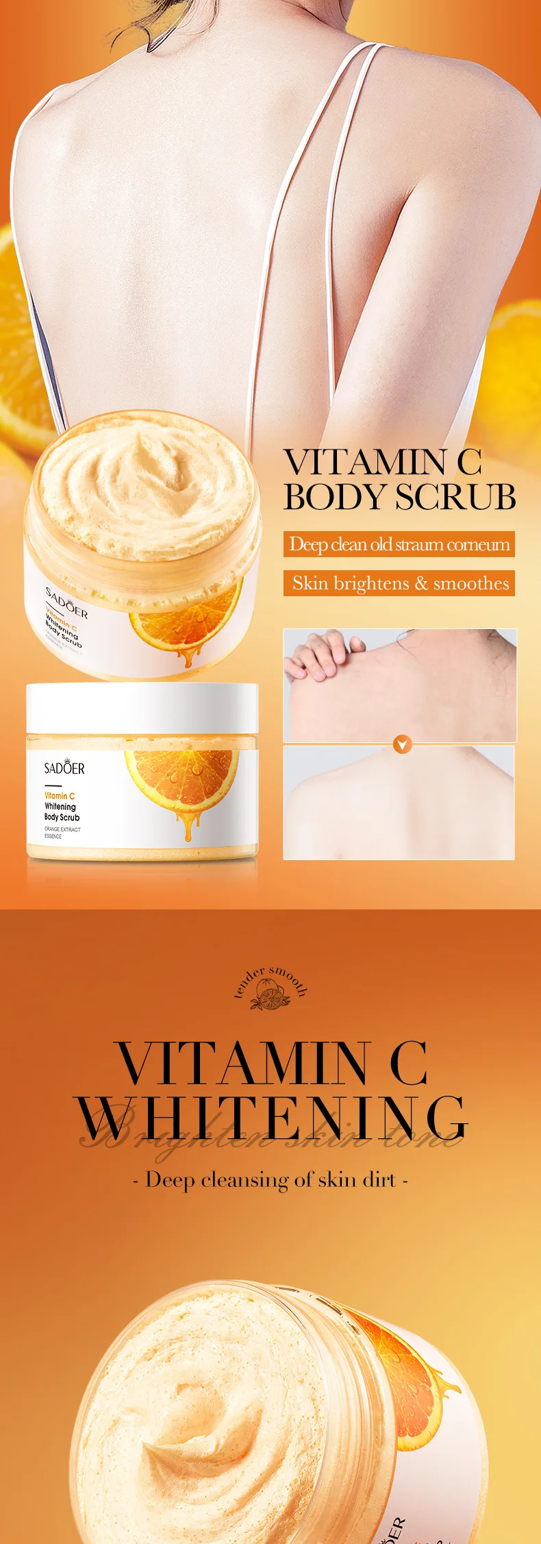 SADOER Vitamin C Body Scrub Whitening Moisturizing Exfoliating Cream Body Arm Leg Back Scrub Exfoliator Body Lotion Skin Care