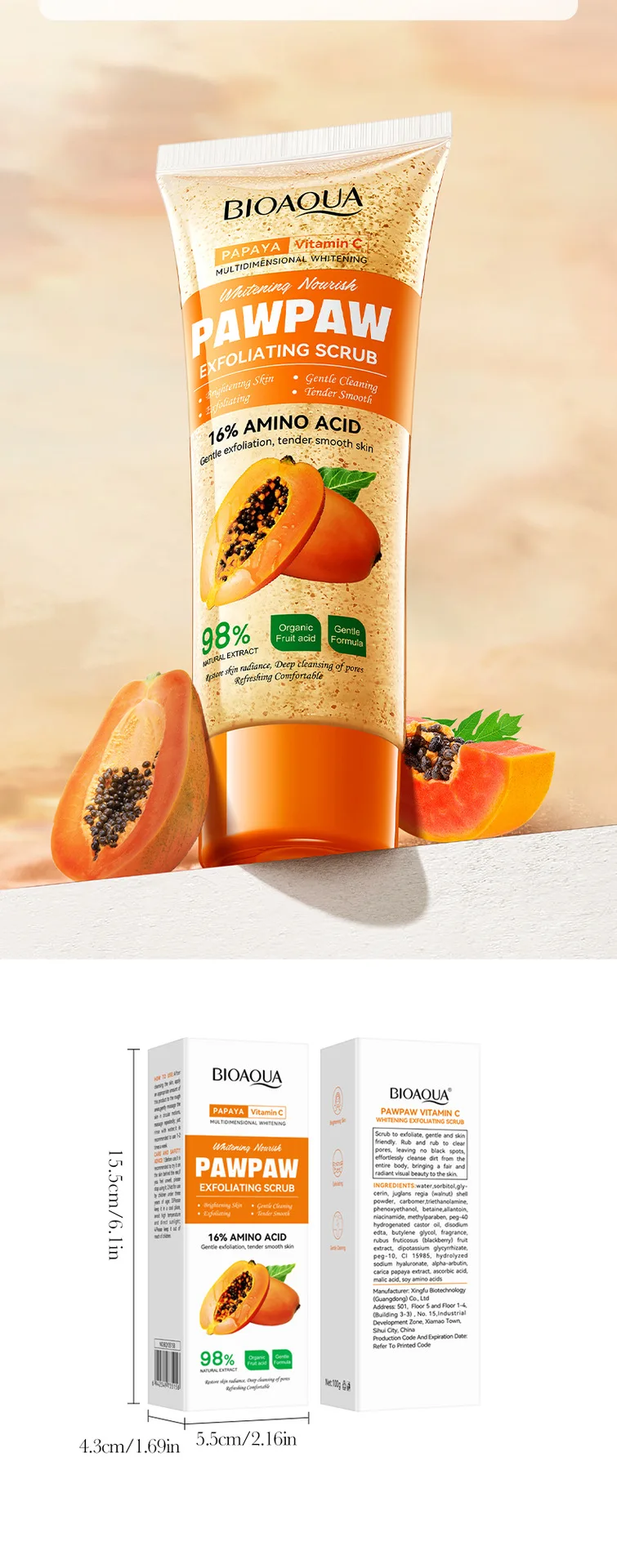 100g Papaya Vitamin C Exfoliating Scrub Cream, Hypoallergenic, Moisturizing, Exfoliation, Scented with Papaya, Deep Cleansing 100g Papaya Vitamin C Exfoliating Scrub Cream, Hypoallergenic, Moisturizing, Exfoliation, Scented with Papaya, Deep Cleansing
