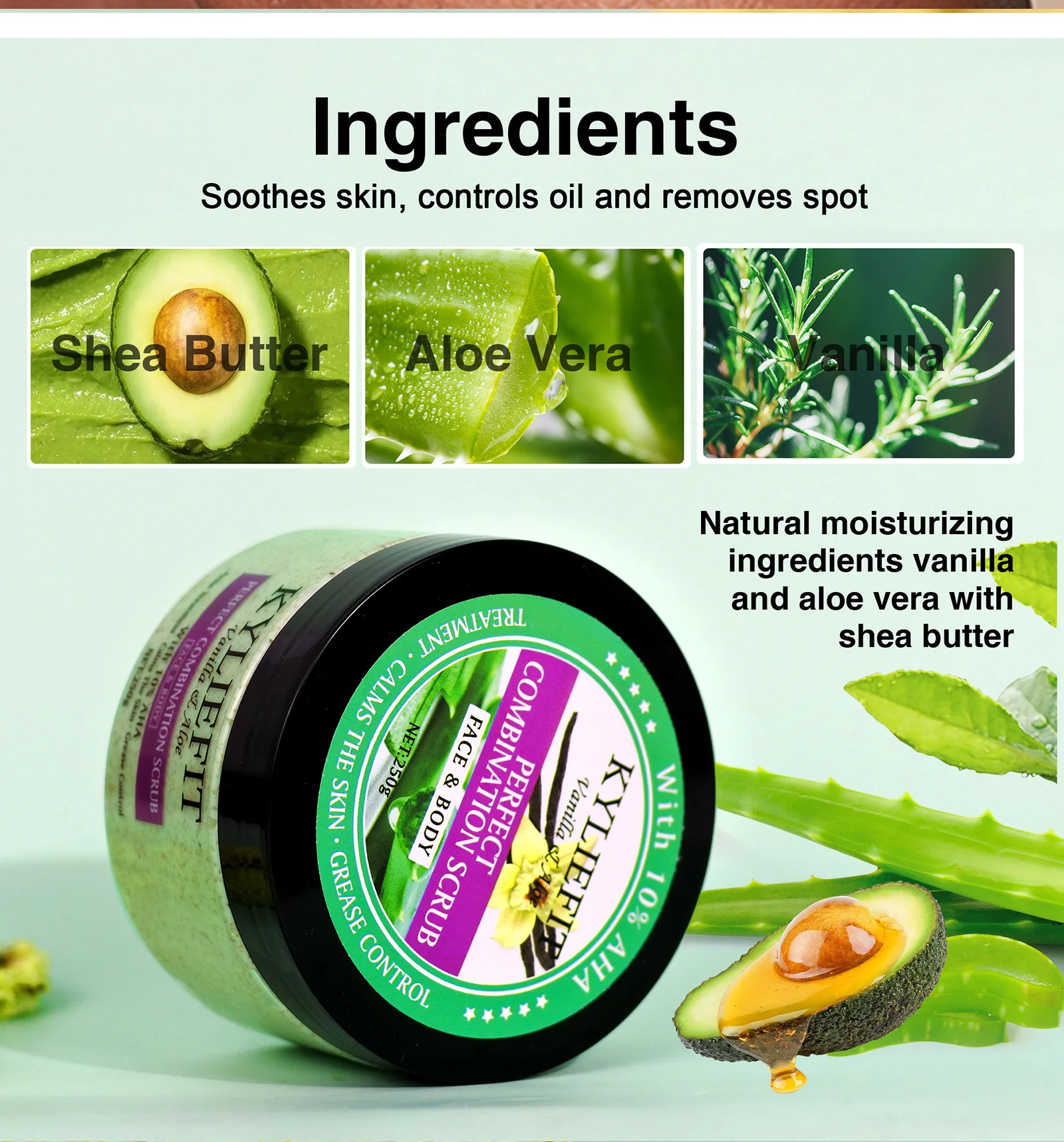 Natural Vanilla & Aloe Perfect Combination Scrub, With AHA, Reduce Spots, Acne, Clean Skin, Oil Control, For Face & Body Natural Vanilla & Aloe Perfect Combination Scrub, With AHA, Reduce Spots, Acne, Clean Skin, Oil Control, For Face & Body