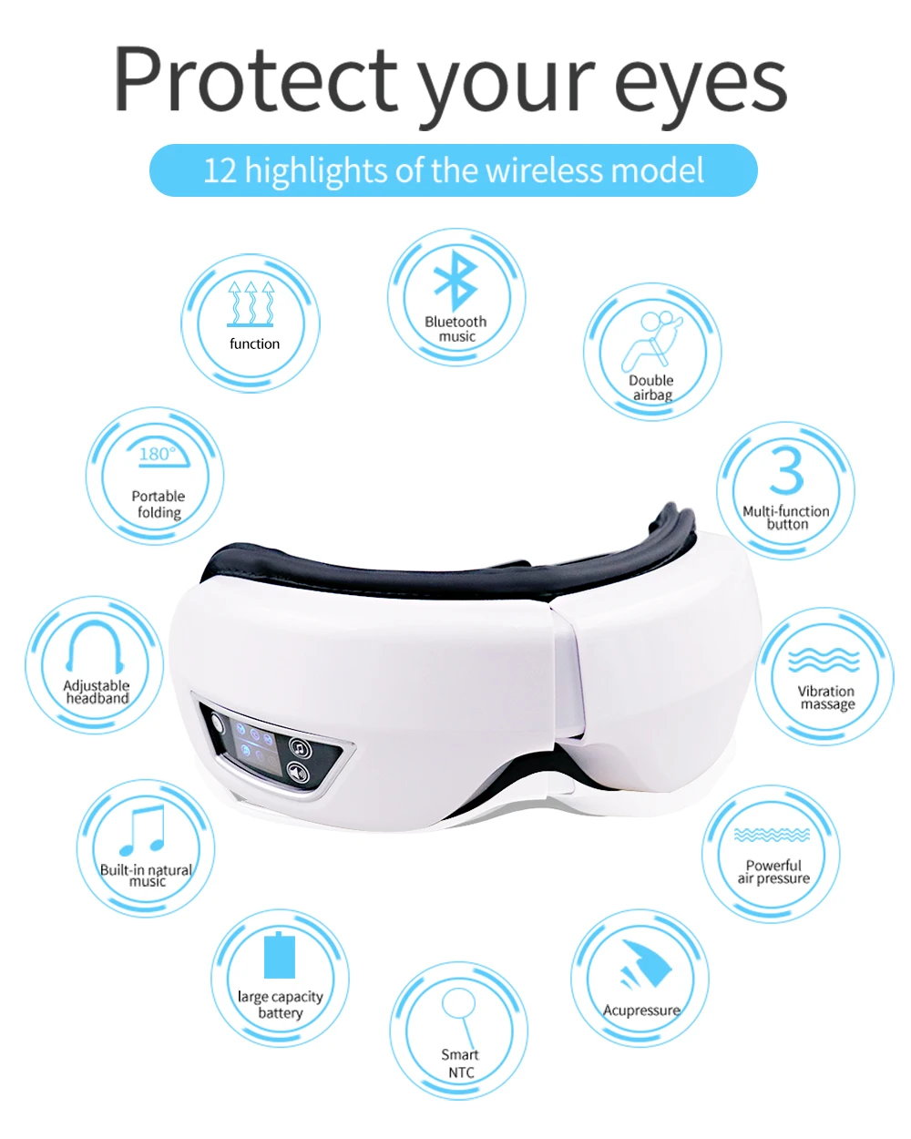 6D Smart Bluetooth Music Eye Massager Vibration Airbag Compress Eye Care Instrument Eye Massage Glasses Eye Relax Fatigue Pouch