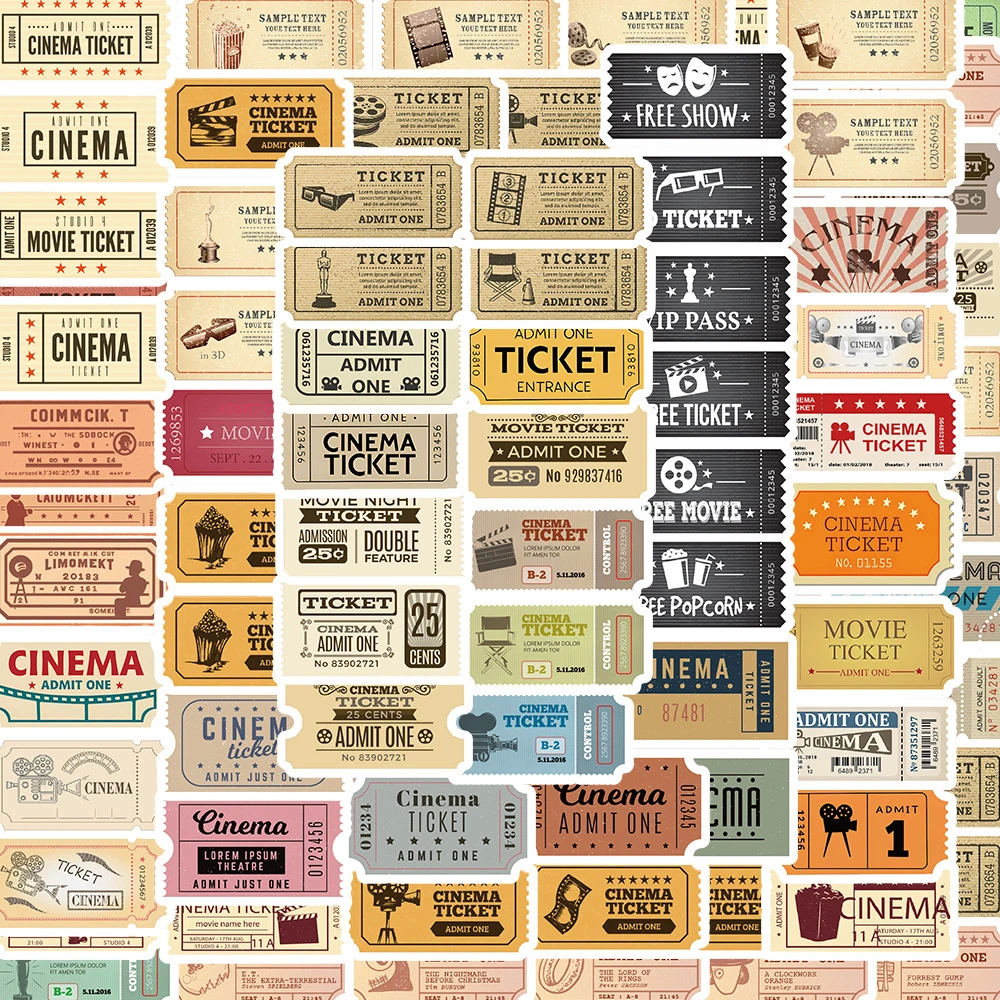 10/40/81pcs Vintage Classic Movie Tickets Stickers for Notebook Wall Luggage Laptop Waterproof Decorative Cartoon Decals Gift