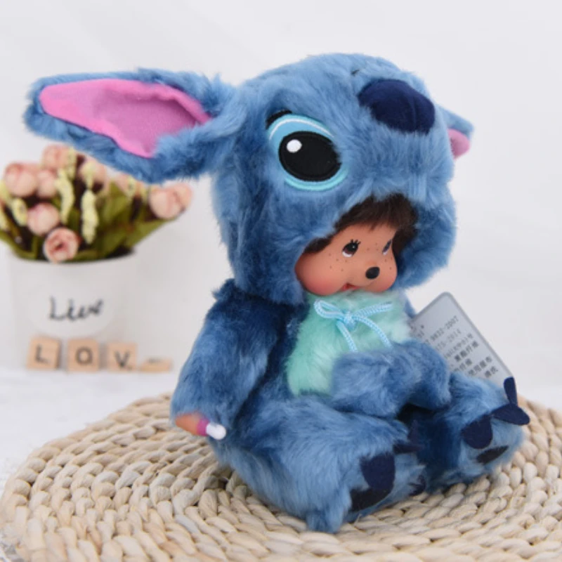 Cute Anime 20cm Monchhichis Cross-dressing Blue and Pink Stitch Plush Vinyl Toy Holiday Gift
