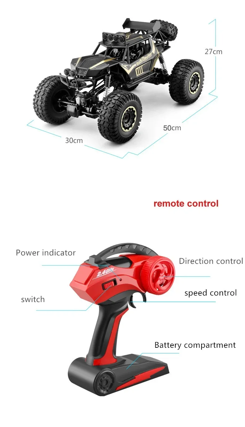 50CM 1:8 Oversized Size Metal Alloy Body 4WD RC Trucks  2.4G Radio Control Off-road 4x4 Vehicle Child Electric Car Toy for Kids