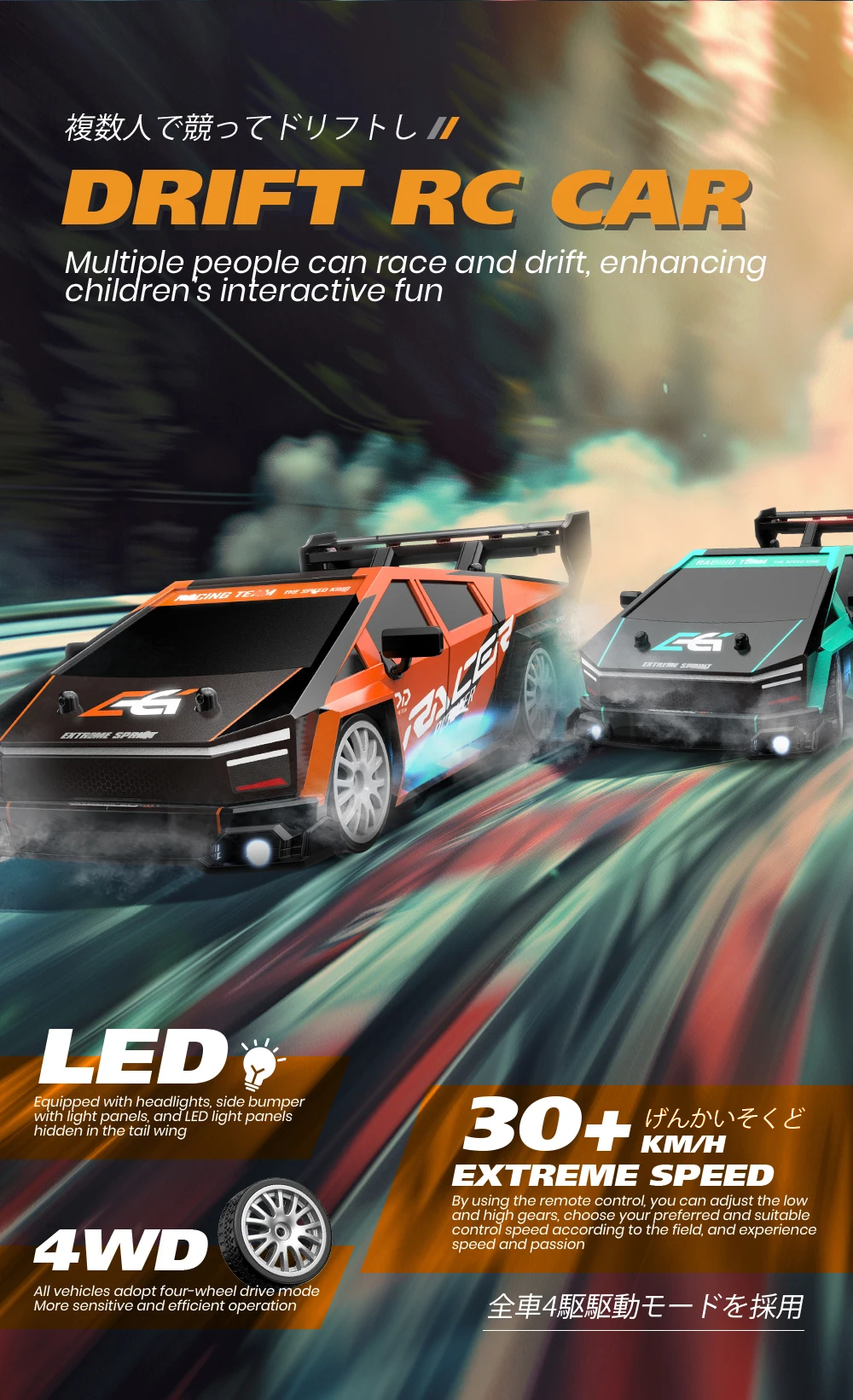 4WD RC Car With LED Remote Control Cars High Speed Fast Drift Racing 2.4G Radio RTR Vehicle GTRPRO Model Toy Kids Children Gift