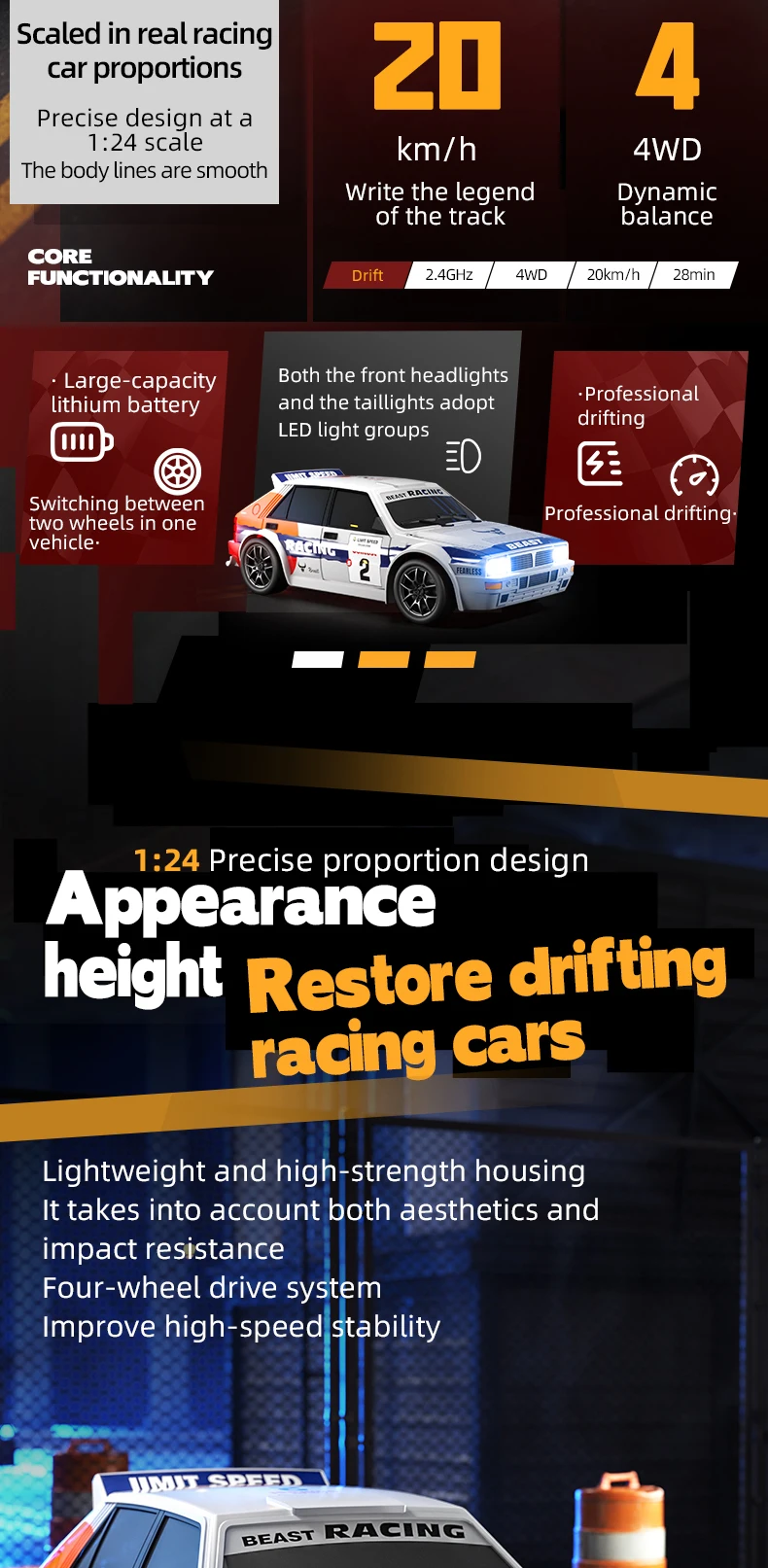 2025 New 4WD RC Car 1:24 Scale Four-wheel Drive Drift With Two Speed Settings 20 km/h LED Light Children Toys Rechargeable SG204