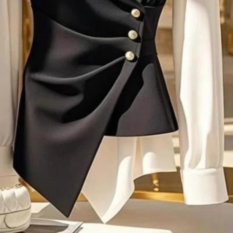 French Elegant Black White Shirt Women's Look Youngerm Fashion Fake Two-piece Blouse Female Turn-down Collar Office Lady Clothes