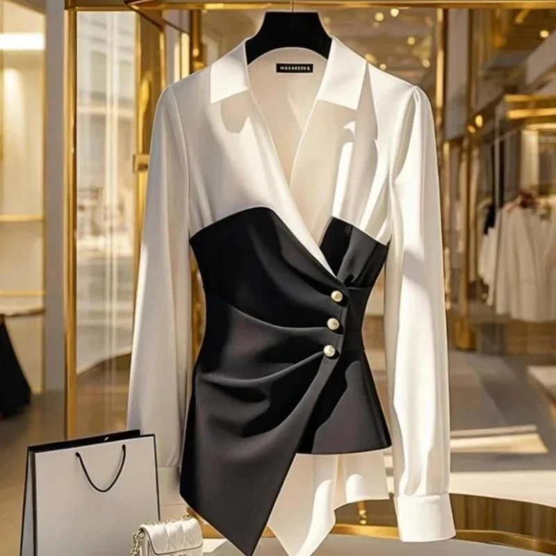 French Elegant Black White Shirt Women's Look Youngerm Fashion Fake Two-piece Blouse Female Turn-down Collar Office Lady Clothes