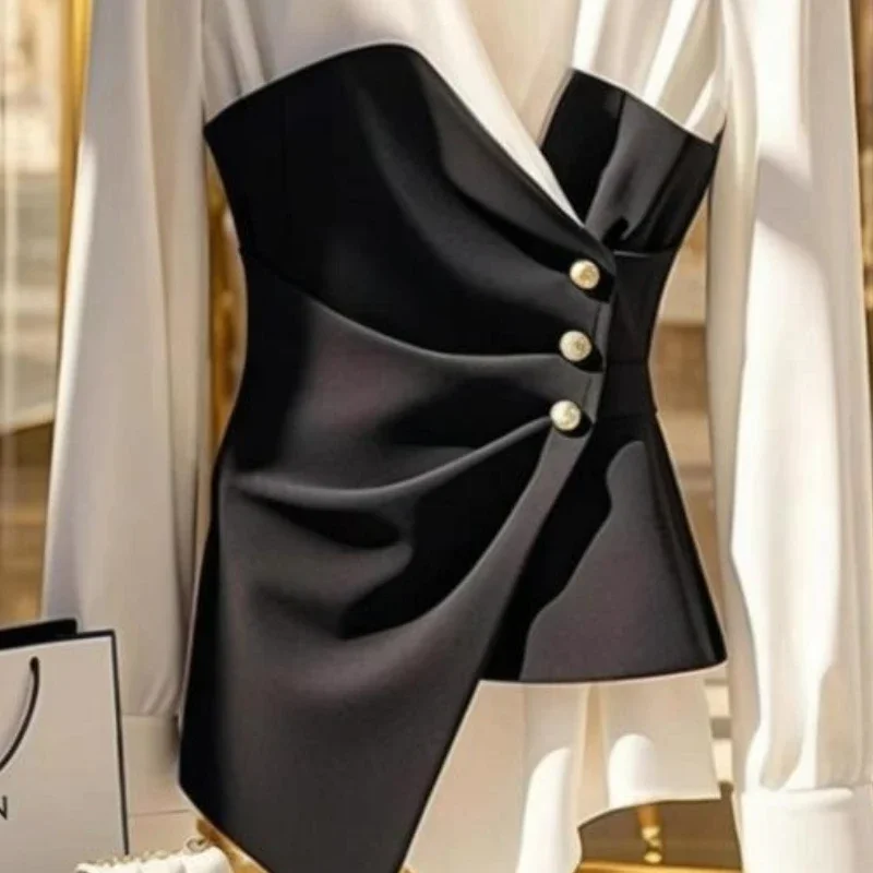 French Elegant Black White Shirt Women's Look Youngerm Fashion Fake Two-piece Blouse Female Turn-down Collar Office Lady Clothes