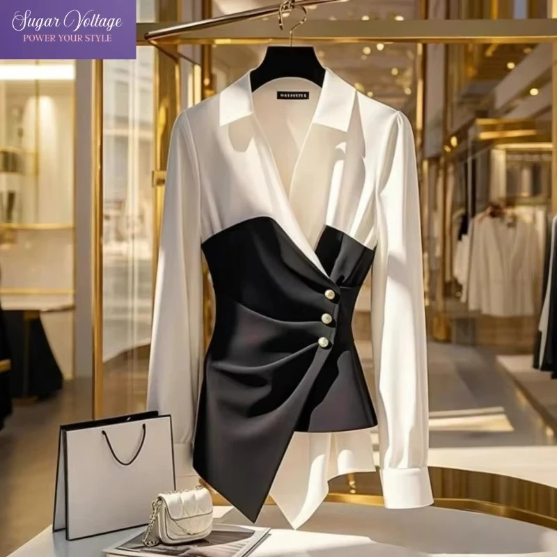 French Elegant Black White Shirt Women's Look Youngerm Fashion Fake Two-piece Blouse Female Turn-down Collar Office Lady Clothes