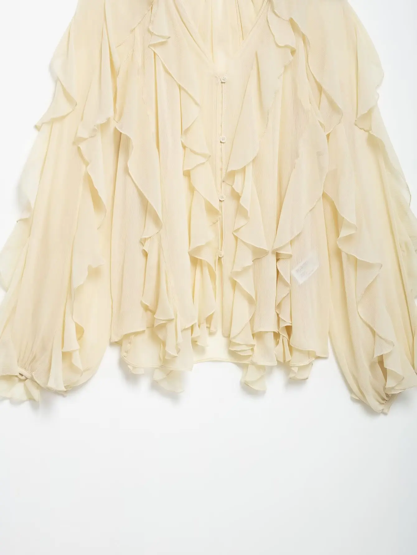 DUOPERI Women Fashion Solid Ruffled Blouse Vintage V-Neck Long Sleeves Female Chic Lady Shirts