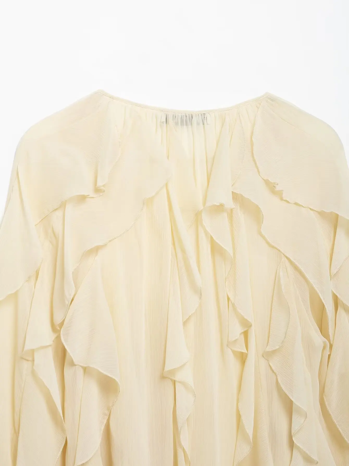 DUOPERI Women Fashion Solid Ruffled Blouse Vintage V-Neck Long Sleeves Female Chic Lady Shirts