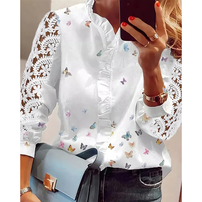 Women's Shirts Fashion Elegant Long Sleeve Butterfly Print Office Lady Top White Women Ruffled Hollow Out Blouse Female Clothing