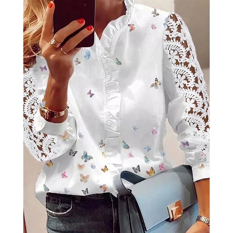Women's Shirts Fashion Elegant Long Sleeve Butterfly Print Office Lady Top White Women Ruffled Hollow Out Blouse Female Clothing