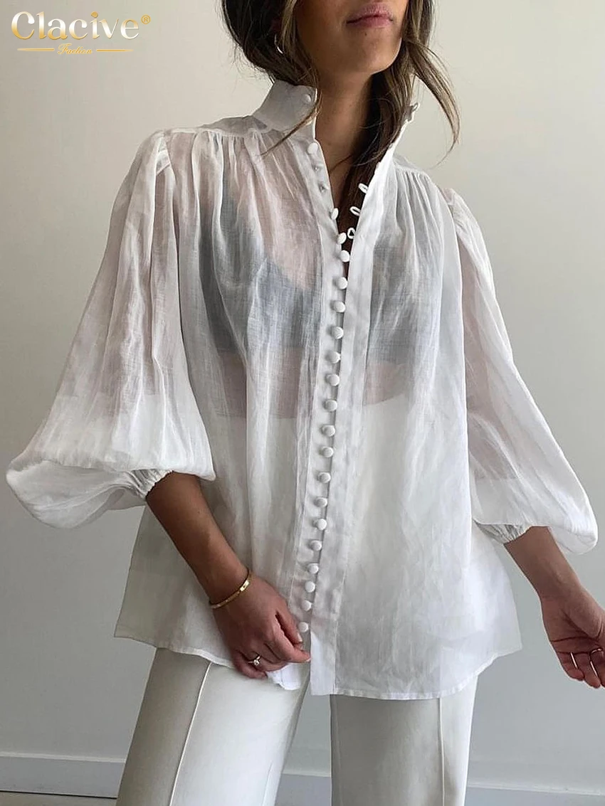 Clacive Fashion White Cotton Woman Blouse 2024 Elegant Stand Collar Puff Sleeve Shirts Casaul Classic Blusa Tops Female Clothing