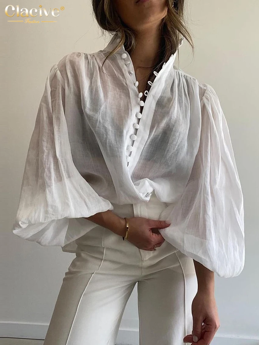 Clacive Fashion White Cotton Woman Blouse 2024 Elegant Stand Collar Puff Sleeve Shirts Casaul Classic Blusa Tops Female Clothing