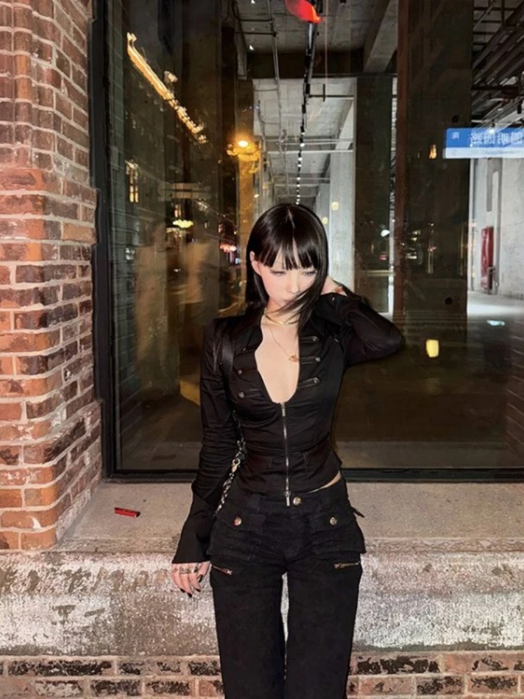 Women Crop Tops Sexy Blouses Women Deep V-neck Zipper Shirts 2025 Blusas Mujer De Moda Long Sleeve Tunic Casual Chic Y2k Blouse