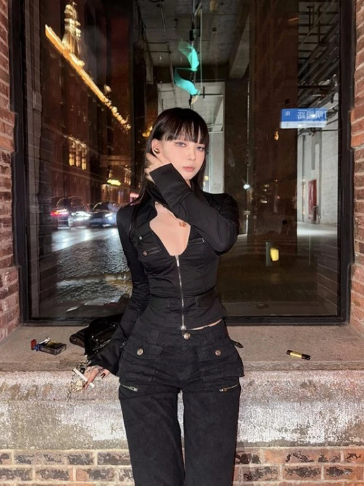 Women Crop Tops Sexy Blouses Women Deep V-neck Zipper Shirts 2025 Blusas Mujer De Moda Long Sleeve Tunic Casual Chic Y2k Blouse