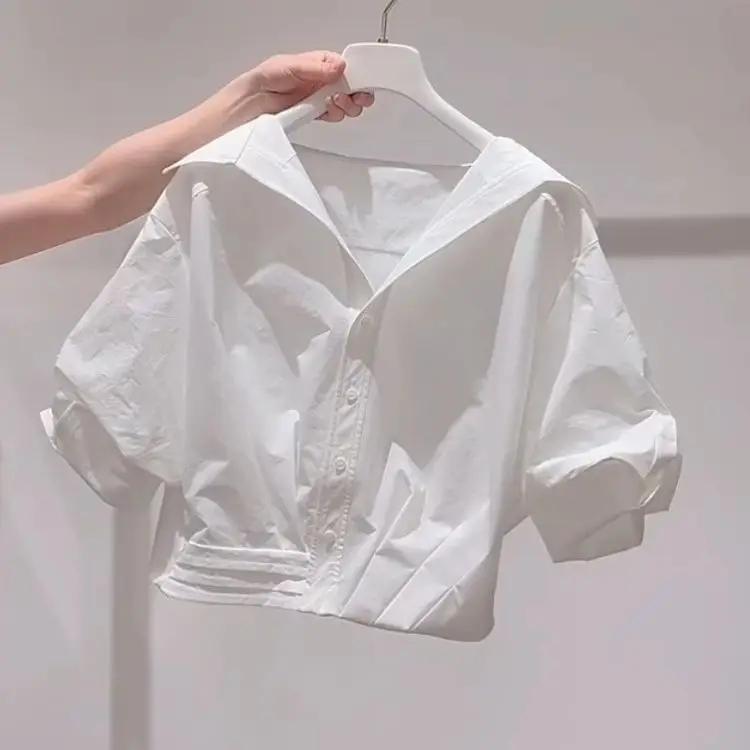 Lapel Bubble Sleeve Shirt Women Loose Fit Cropped Top