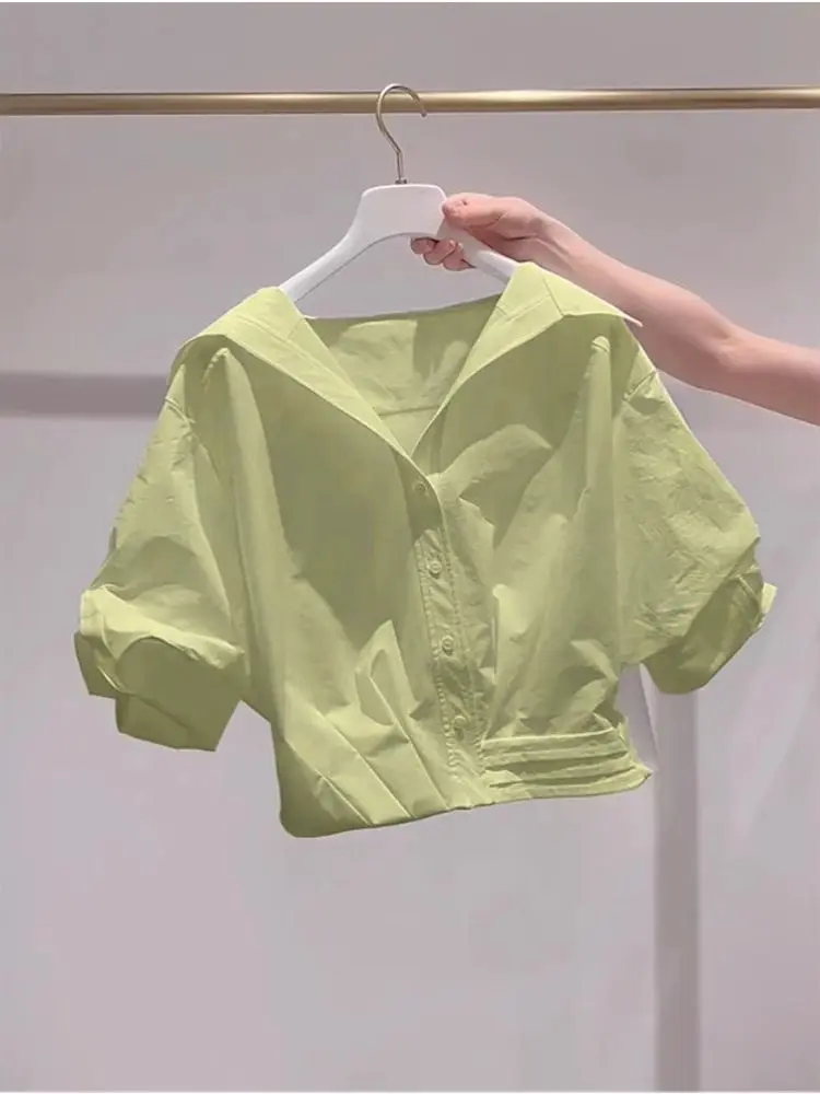 Lapel Bubble Sleeve Shirt Women Loose Fit Cropped Top