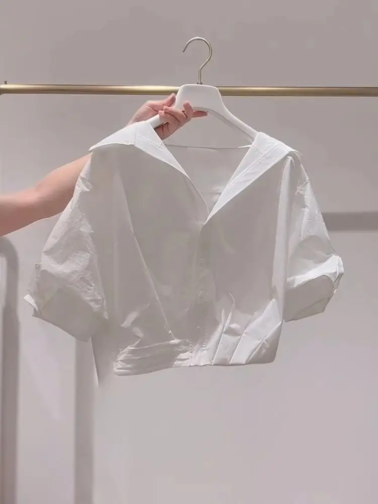 Lapel Bubble Sleeve Shirt Women Loose Fit Cropped Top