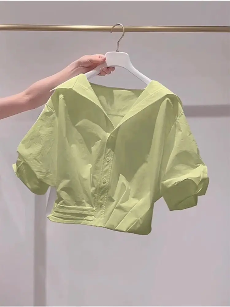 Lapel Bubble Sleeve Shirt Women Loose Fit Cropped Top