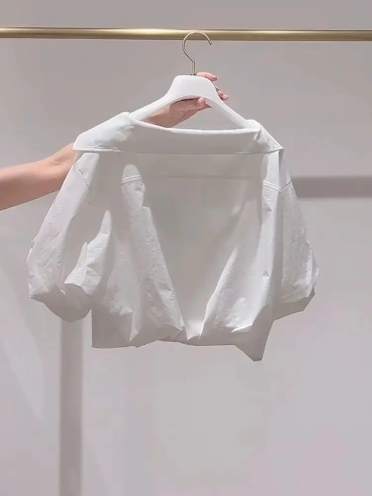 Lapel Bubble Sleeve Shirt Women Loose Fit Cropped Top