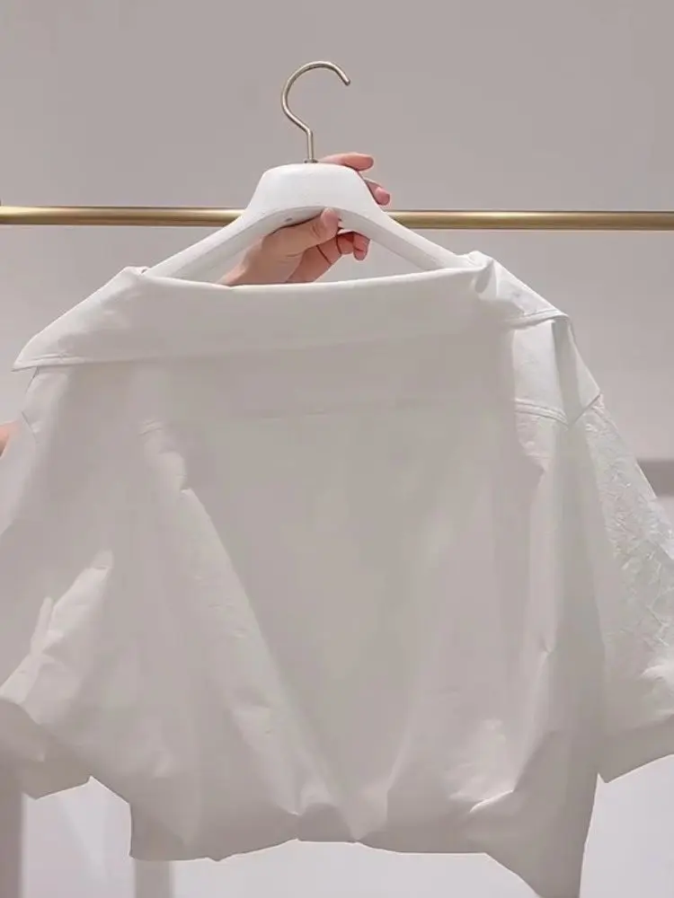 Lapel Bubble Sleeve Shirt Women Loose Fit Cropped Top