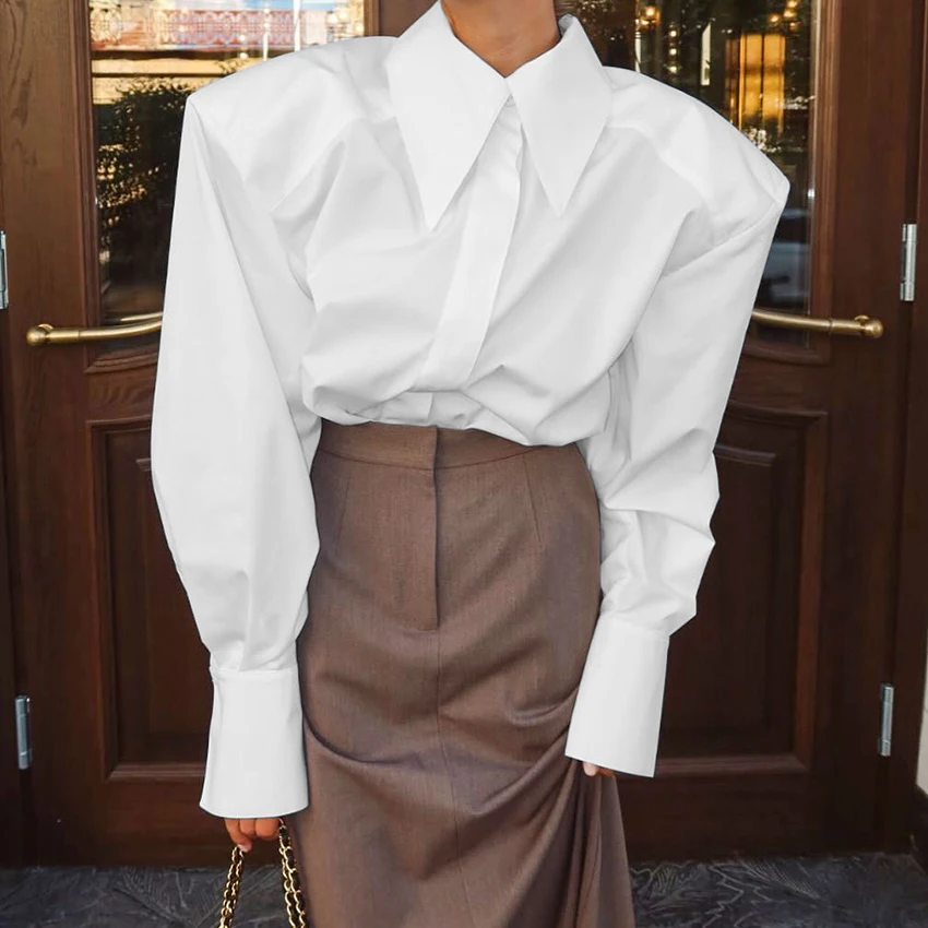 Linad Autumn Elegant White Puff Sleeve Shirt Office Lady Single-Breasted Woman Blouse 2025 Street Chic Turn Down Collar Tops