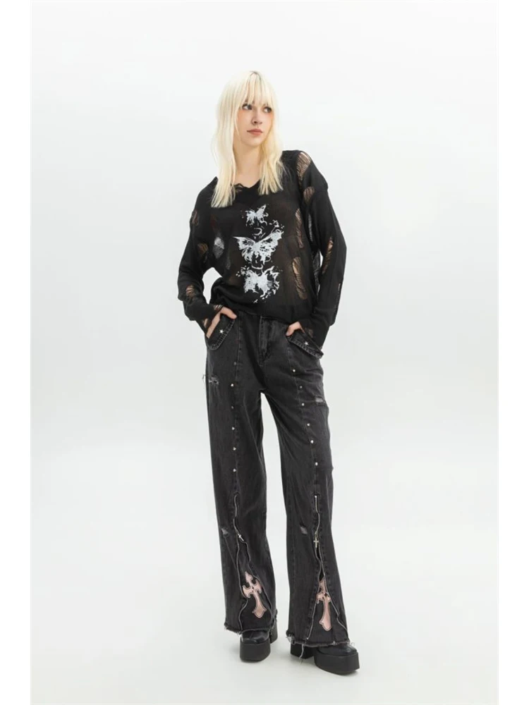 Women Clothing Black Gothic Jeans 90s Aesthetic Y2k Oversize Denim Trousers Vintage Harajuku Korean Emo 2000s Trashy Jean Pants