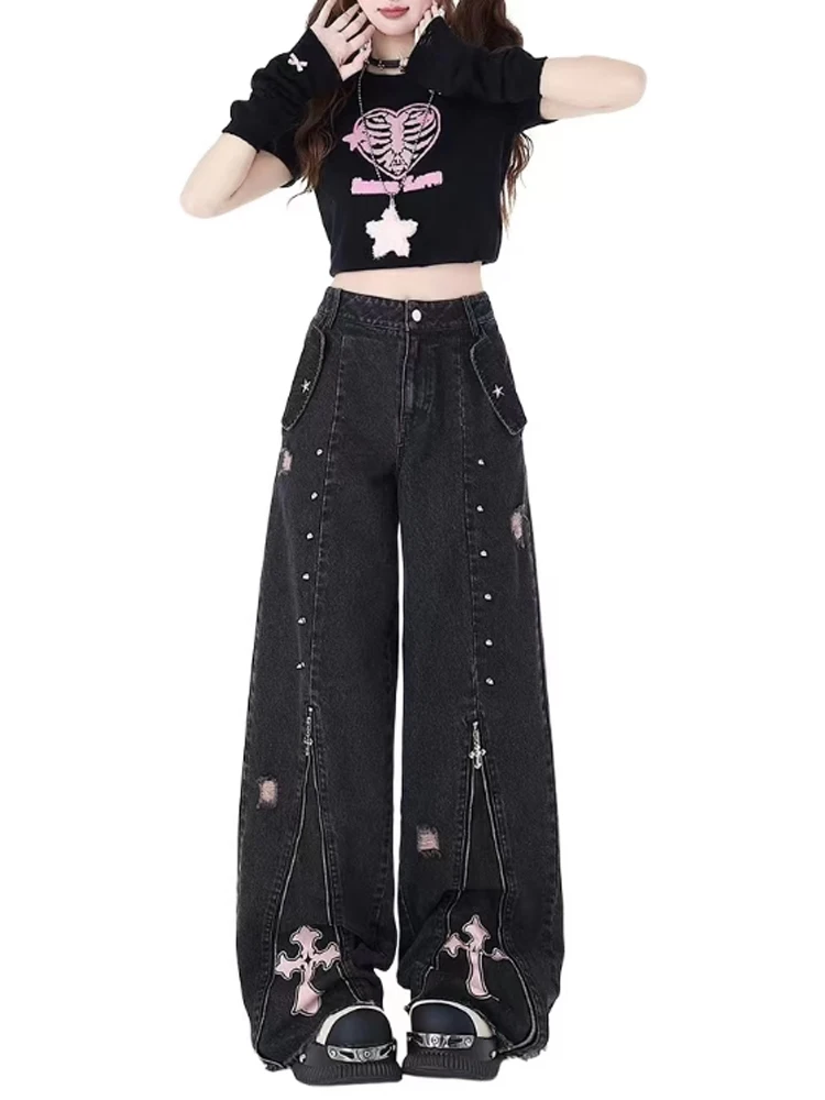 Women Clothing Black Gothic Jeans 90s Aesthetic Y2k Oversize Denim Trousers Vintage Harajuku Korean Emo 2000s Trashy Jean Pants