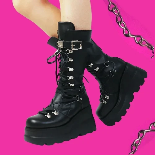 Women High Boots Cosplay Mid-calf Boots High Platform Wedges Boots 2025 Autumn Winter New Designer Gothic Shoes for Women Botas Women High Boots Cosplay Mid-calf Boots High Platform Wedges Boots 2025 Autumn Winter New Designer Gothic Shoes for Women Botas