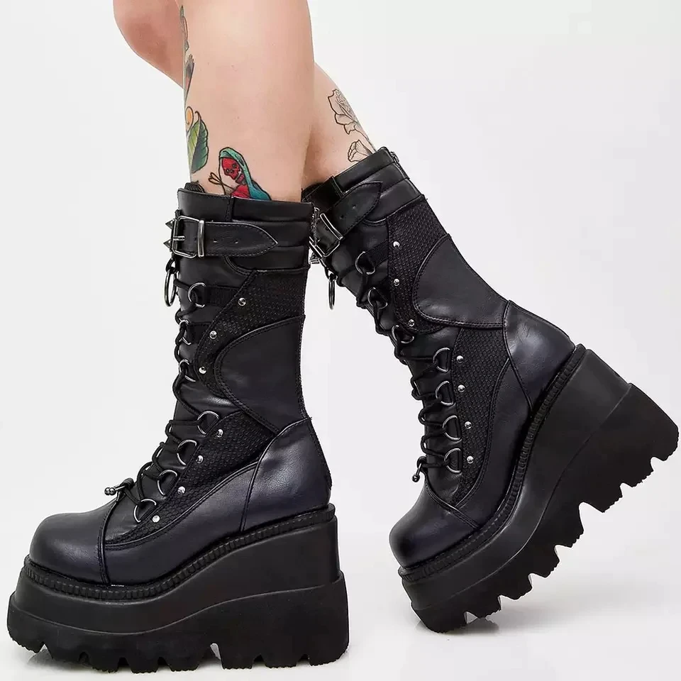 Women High Boots Cosplay Mid-calf Boots High Platform Wedges Boots 2025 Autumn Winter New Designer Gothic Shoes for Women Botas Women High Boots Cosplay Mid-calf Boots High Platform Wedges Boots 2025 Autumn Winter New Designer Gothic Shoes for Women Botas