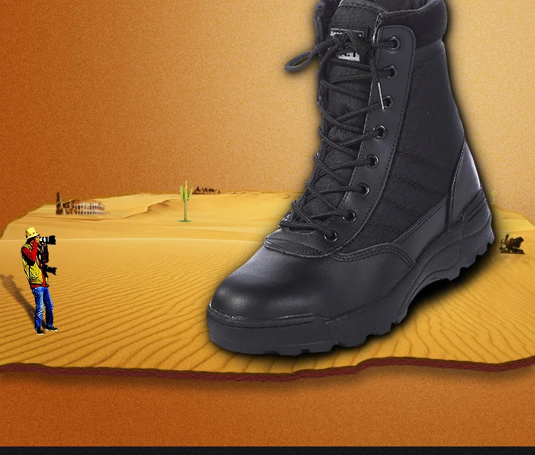 Men's Outdoor High-top Leather Boots Tactical Military Boots Black Thick-soled Shoes Lightweight and Wear-resistant Hiking Shoes