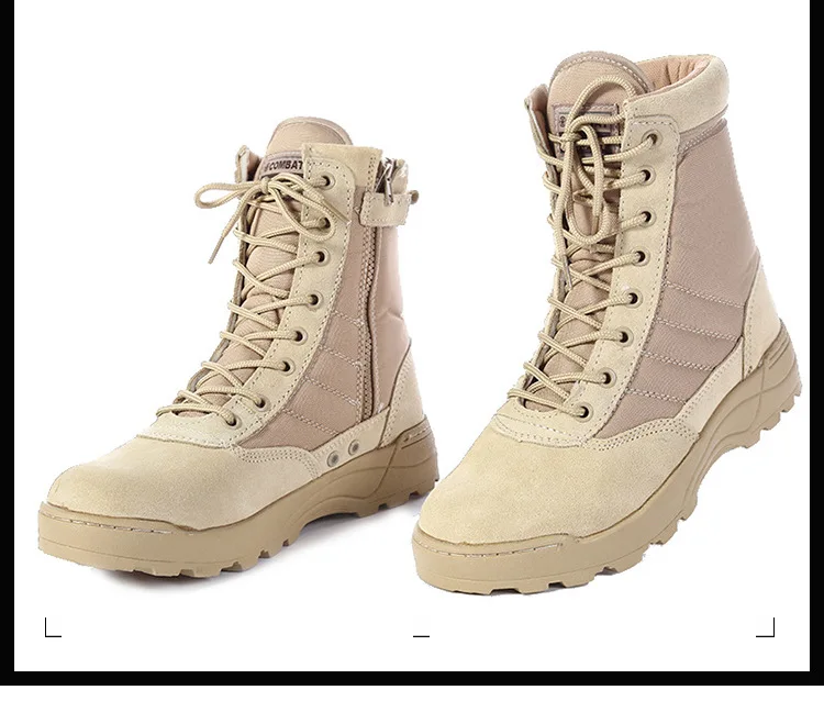 Men's Outdoor High-top Leather Boots Tactical Military Boots Black Thick-soled Shoes Lightweight and Wear-resistant Hiking Shoes