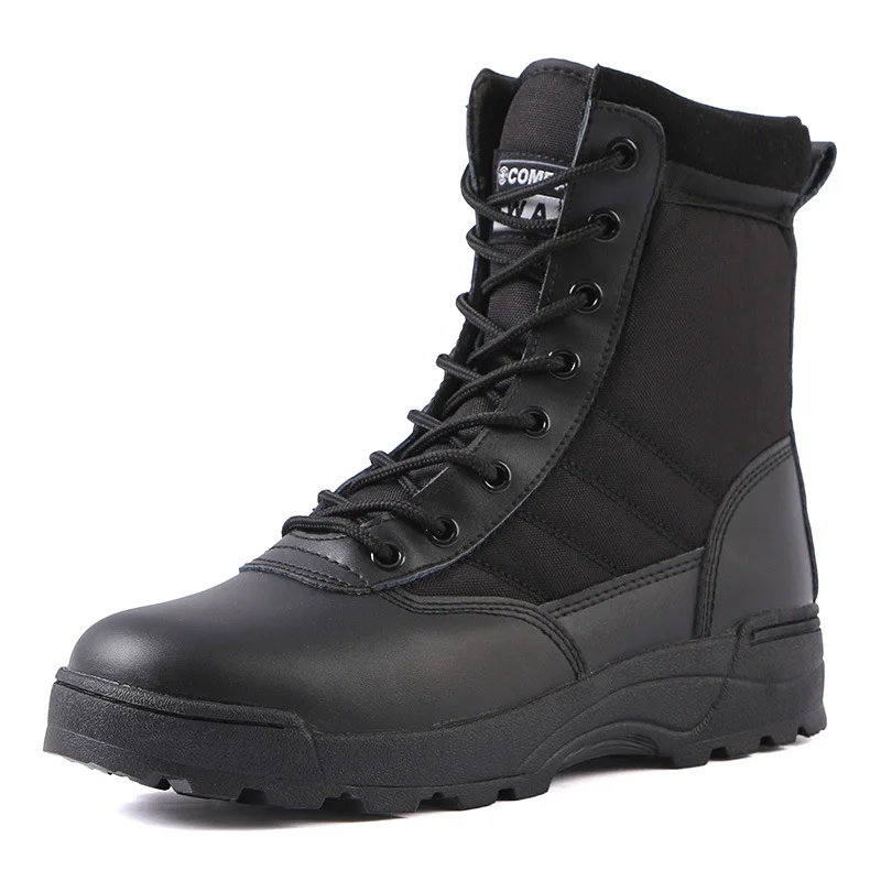 Men's Outdoor High-top Leather Boots Tactical Military Boots Black Thick-soled Shoes Lightweight and Wear-resistant Hiking Shoes